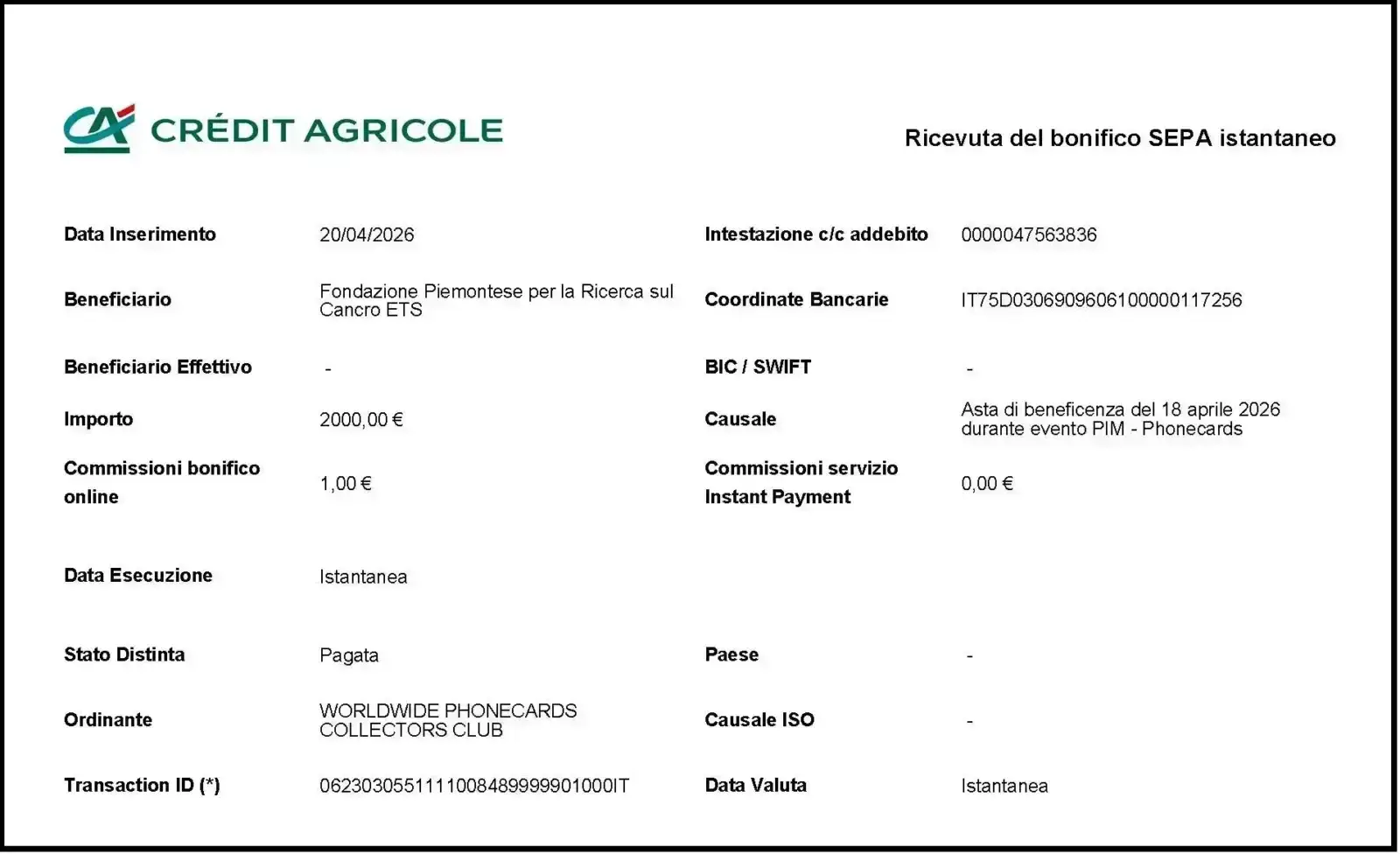 PIM 2026 - Asta di beneficenza - Bonifico Fprc Candiolo