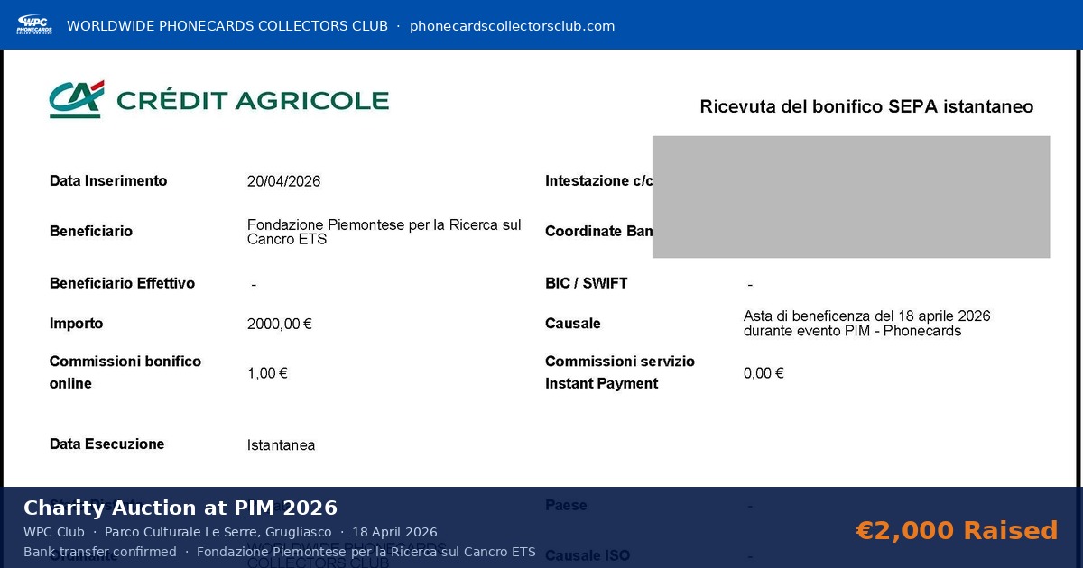Vente aux enchères caritatives WPC Club au PIM 2026 — Reçu du virement Crédit Agricole confirmant le don de 2 000 € à la Fondazione Piemontese per la Ricerca sul Cancro ETS