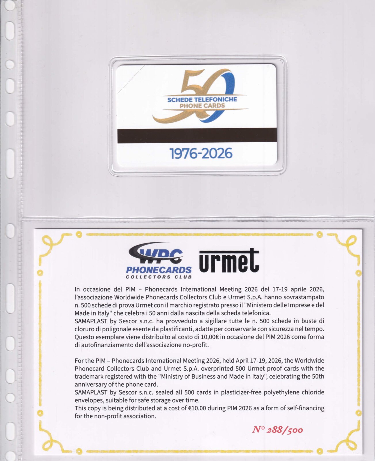Official Urmet proof card overprinted for the 50th anniversary of the phonecard, produced in 500 numbered copies by WPC Club and Urmet S.p.A., past exclusive member benefit PIM 2026