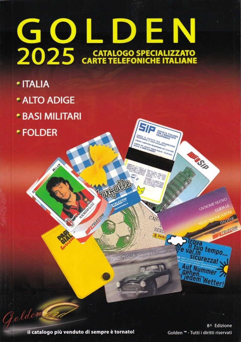 Cover of the Golden 2025 Catalogue, specialist catalogue for Italian phonecard collectors, 8th edition, one of the past member exclusive benefits with 10% discount for WPC Club members