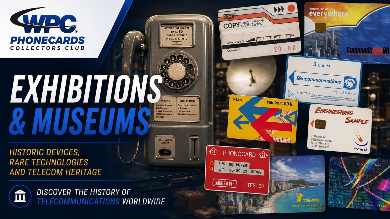 Exhibitions and museums playlist thumbnail with vintage public telephones and historical phonecards
