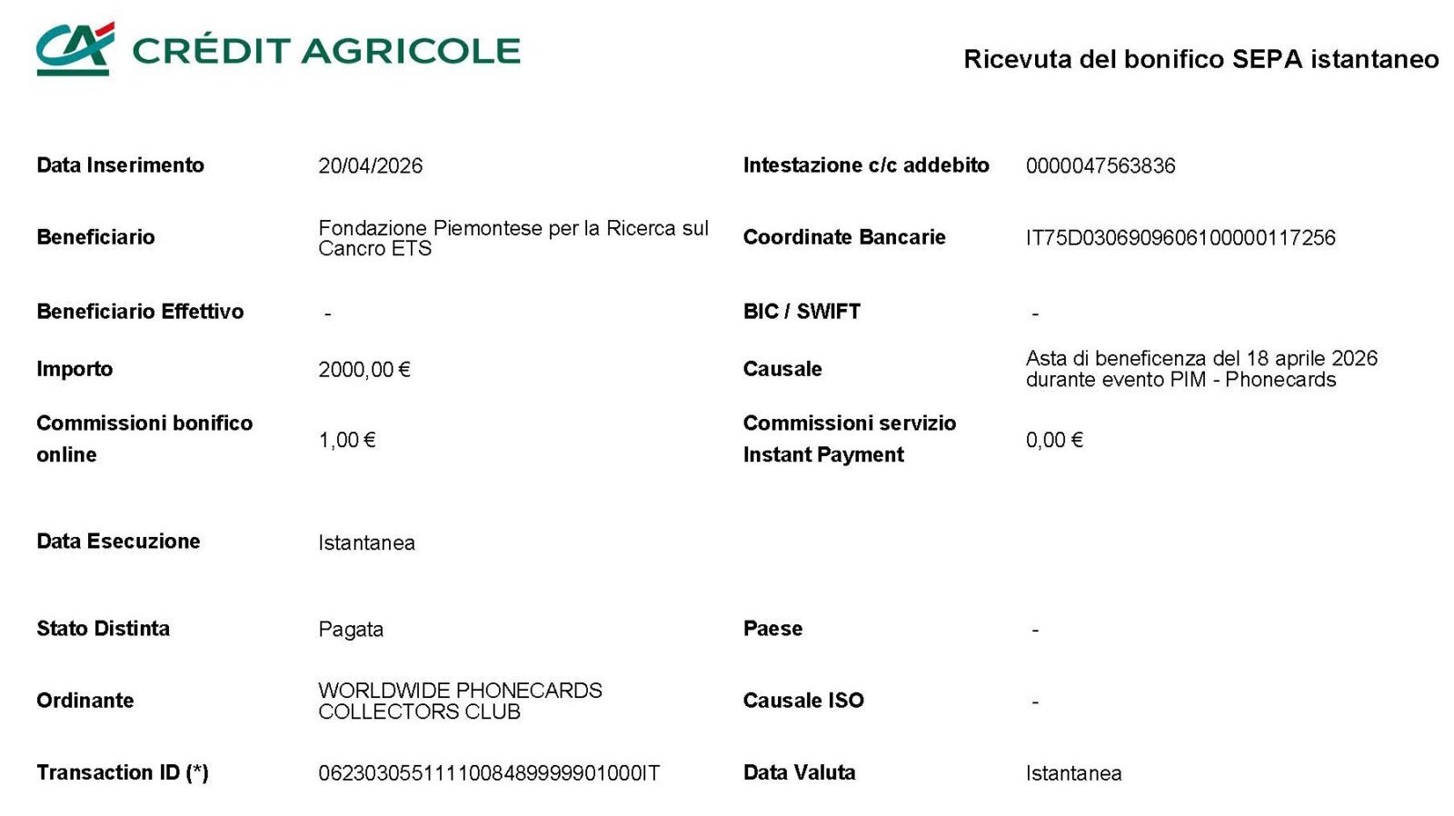 Crédit Agricole bank transfer receipt – WPC Club charity donation to Fondazione Piemontese per la Ricerca sul Cancro, April 20 2026