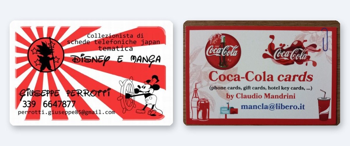 Cartes de visite des collectionneurs Giuseppe Perrotti (télécartes Disney et Manga) et Claudio Mandrini (télécartes Coca-Cola)