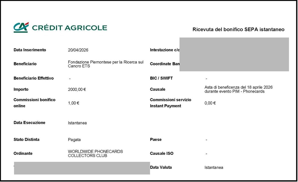 WPC Club charity auction proceeds — Crédit Agricole bank transfer receipt confirming €2,000 donation to Fondazione Piemontese per la Ricerca sul Cancro ETS, April 20 2026
