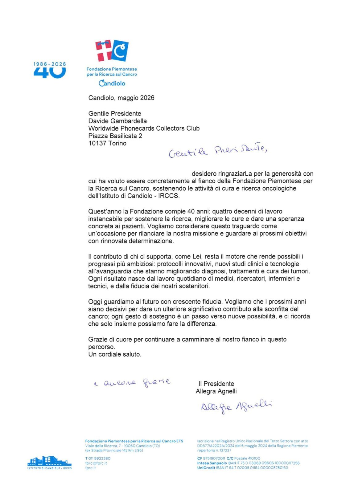 Thank-you letter from Fondazione Piemontese per la Ricerca sul Cancro, signed by President Allegra Agnelli, acknowledging the WPC Club's €2,000 donation from the PIM 2026 charity donation