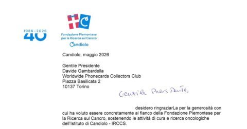 Thank-you letter from Fondazione Piemontese per la Ricerca sul Cancro, signed by President Allegra Agnelli, acknowledging the WPC Club's €2,000 donation from the charity PIM 2026 auction