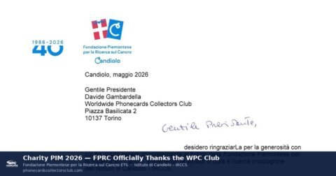 Official thank-you letter from Fondazione Piemontese per la Ricerca sul Cancro ETS President Allegra Agnelli to the WPC Club, acknowledging the €2,000 charity donation from the PIM 2026 auction