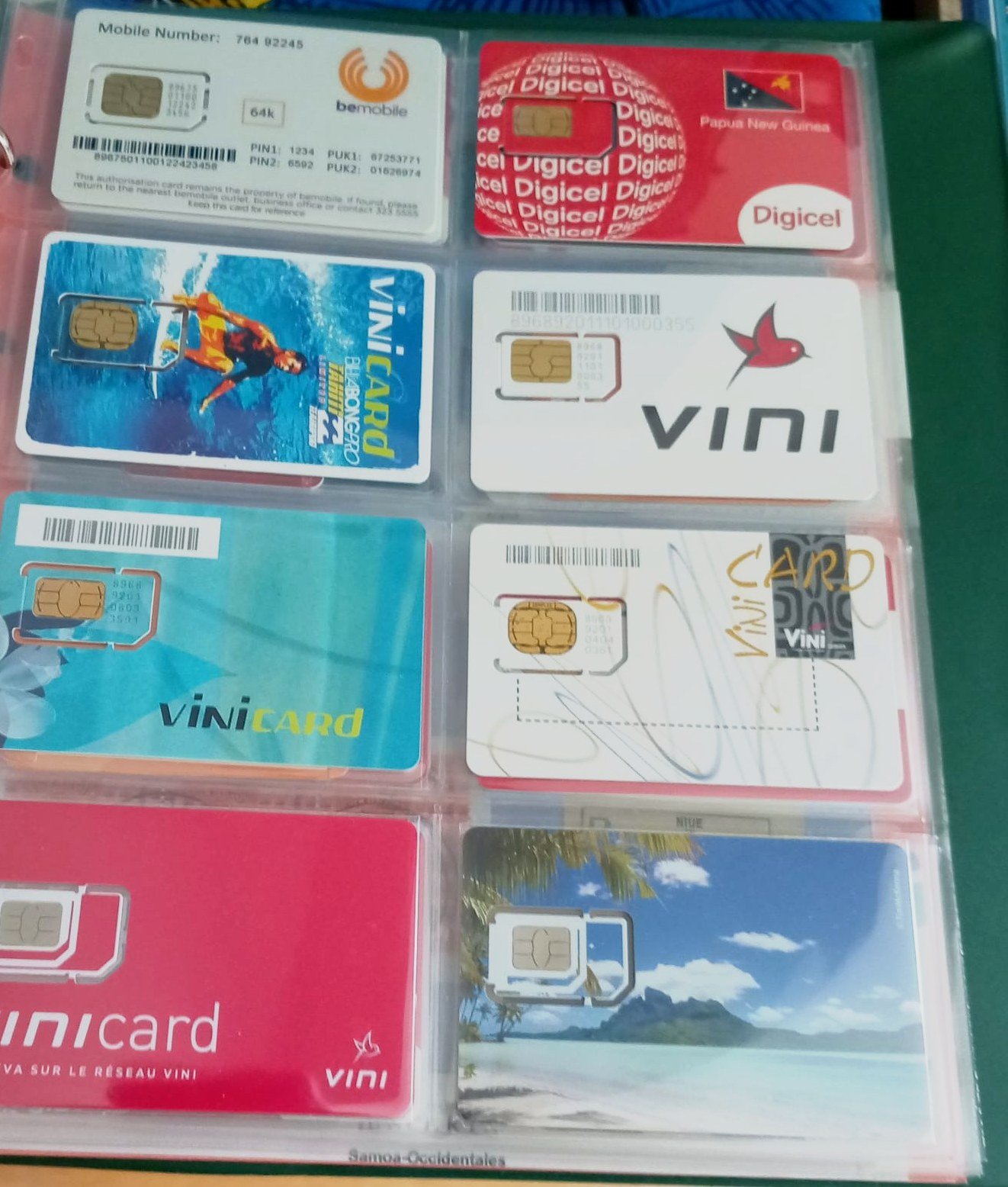 Pacific island SIM cards from François Fossard's worldwide collection, including VINI and Digicel