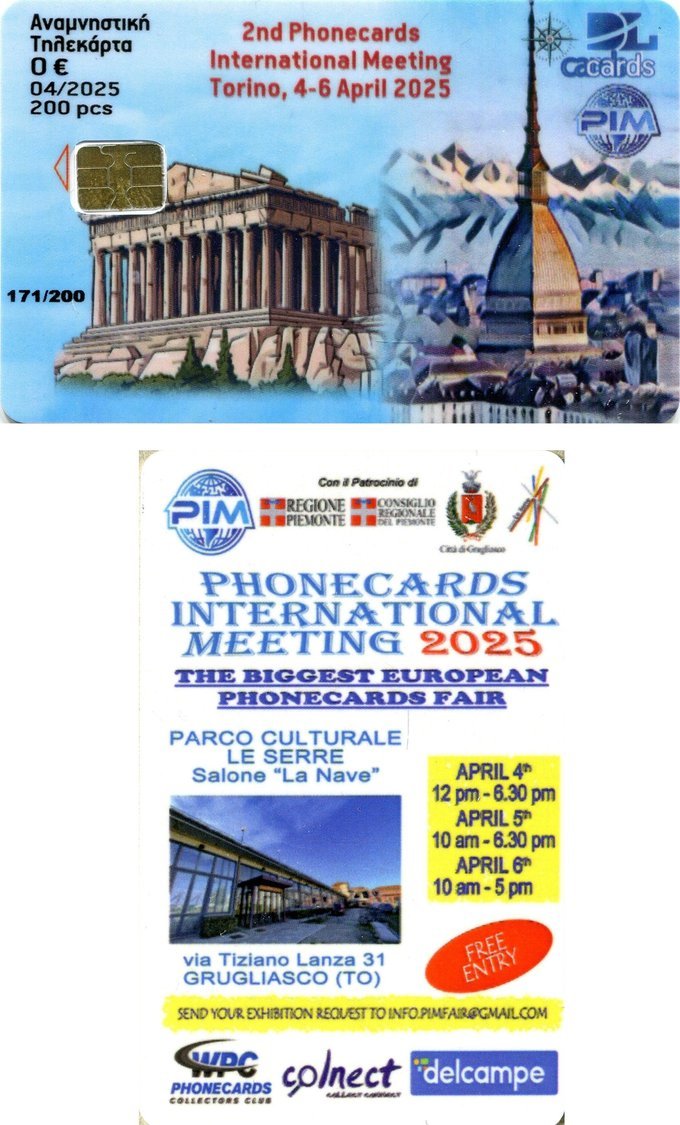 Commemorative phonecard of PIM 2025, 2nd Phonecards International Meeting, featuring the Parthenon and the Mole Antonelliana. 200 numbered pieces