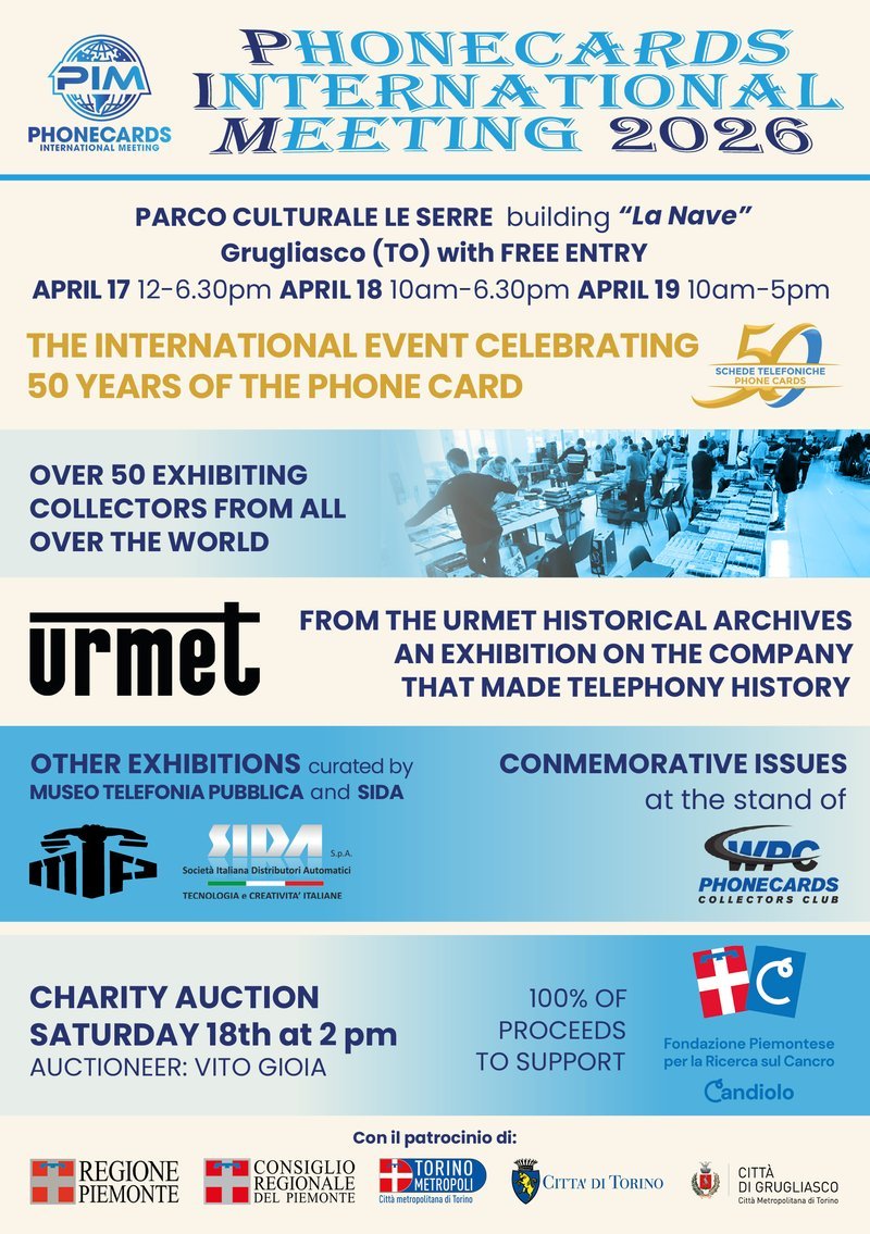 Official poster of PIM 2026, 3rd Phonecards International Meeting, Parco Culturale Le Serre, Grugliasco Turin, April 17–19, 2026
