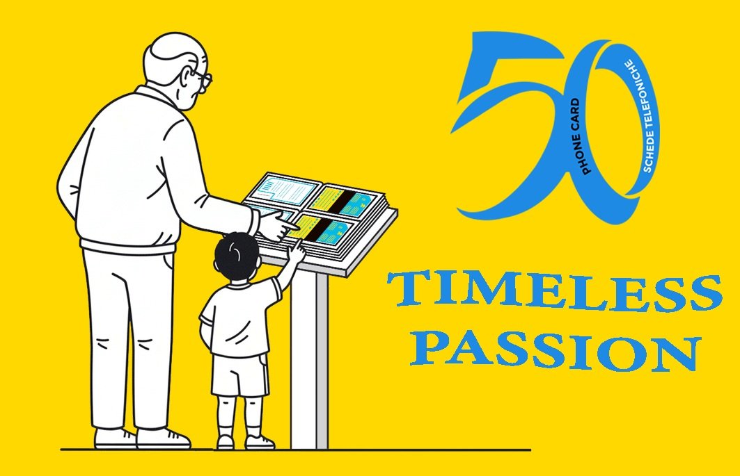 Timeless Passion — winning design by Matteo Pasqual for WPC Contest Membership Card 2026, grandfather and child with a phonecard album, celebrating 50 years of phonecards