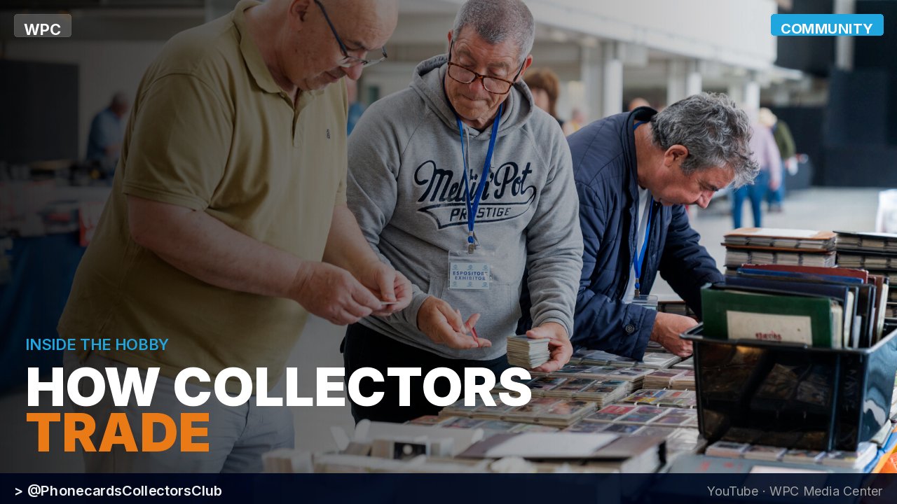 YouTube thumbnail showing phonecard collectors examining and exchanging collections at the PIM – Phonecards International Meeting