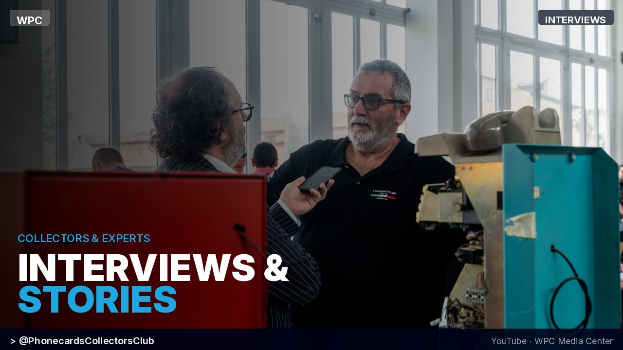 YouTube thumbnail for the Interviews and Stories playlist – phonecard collector interviewed at the PIM exhibition, vintage telephones in the background