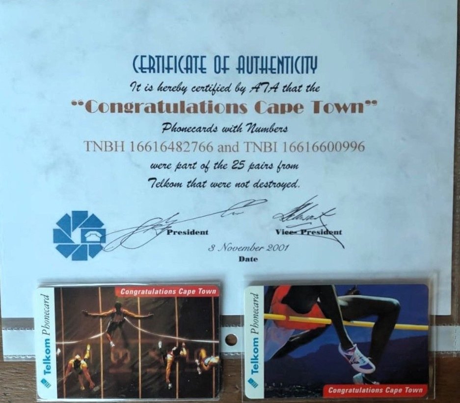Congratulations Cape Town Olympic bid phonecards by Telkom SA with ATA certificate of authenticity
