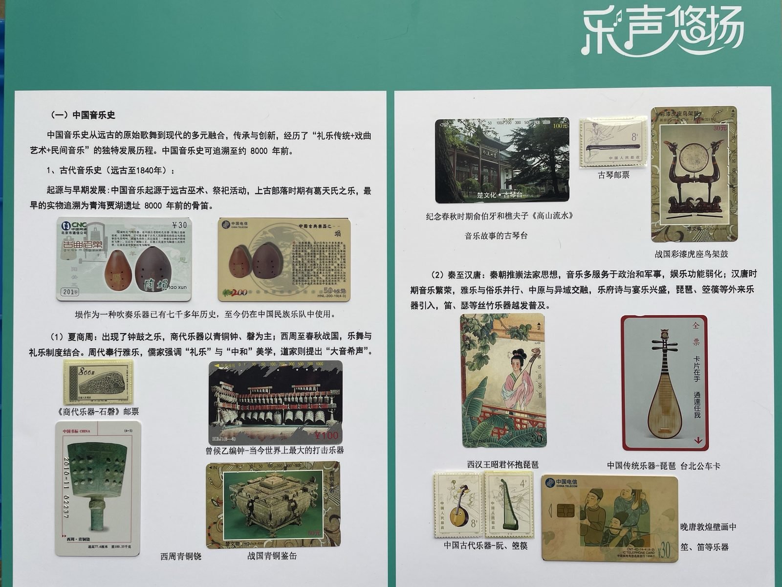 Exhibition panel on the history of Chinese music told through phonecards and stamps, by Yang Xiaodong