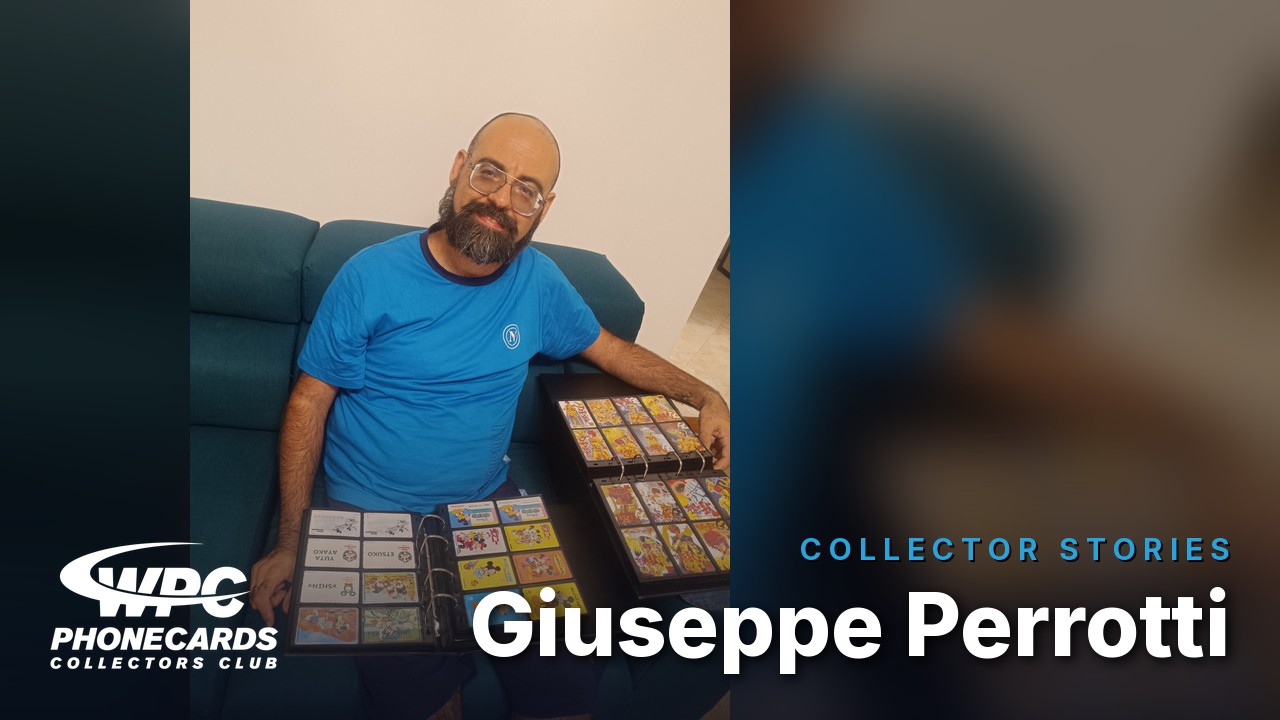 Giuseppe Perrotti with his Japanese phonecard collection, opening image of the WPC Club Collector Stories series