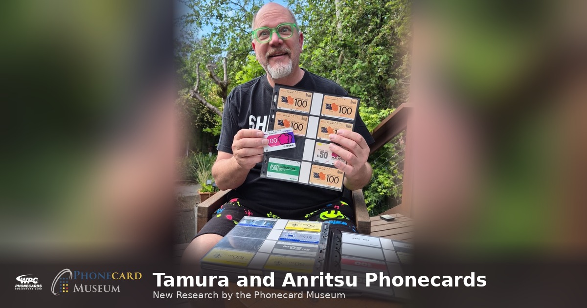 Eric Schuenemann, founder of the Phonecard Museum, holding a page of Anritsu SAMPLE phonecards – cover image for the Tamura and Anritsu research article